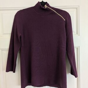 Cable & Gauge Sweater Diagonal Zip Mock Neck 3/4 Sleeve M Aubergine